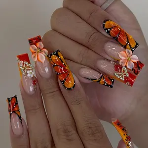 (MTO) BubbleNailArt Monarch Butterfly Wing 3D Hand-Sculpted Flower Orange Rhinestone Handcrafted Wearable Nail Art Fashion Hand Accessories