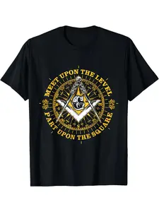 Men'S Freemason Masonic T-Shirt - Vintage Masonic Symbols & Ritual Phrases (Meet Upon the Level, Part Upon The Square) - All-Season Comfort Round Neck Short Sleeve - Pure Casual & Formal Masonic Apparel for Lodge Events & Casual Attire - Freemasonry Graph