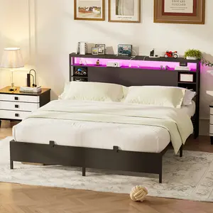 King/Full/Queen Size Bed Frame with Charging Station ＆ RGB LED Lights, Sturdy Metal Platform Bed with Storage Headboard, Noise-Free，Easy Assembly new Bedroom Furniture Bedroom Set
