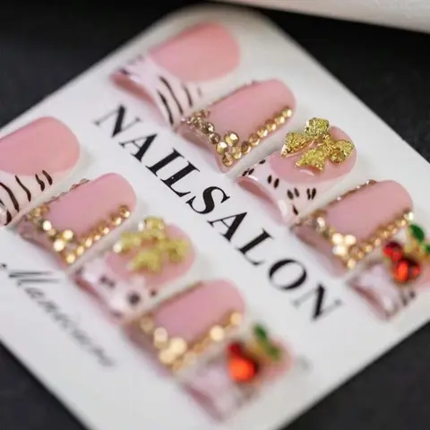 10Pcs Handmade Press-On Nails Kit, Short Pink Flare Duck Nails with Cherry French Design, Glitter Rhinestones, Glossy Shimmering Finish, Gift Box Included for Birthday Gifting, Flared Handmade Nails, Nail Art Diy,fall nails for 2026