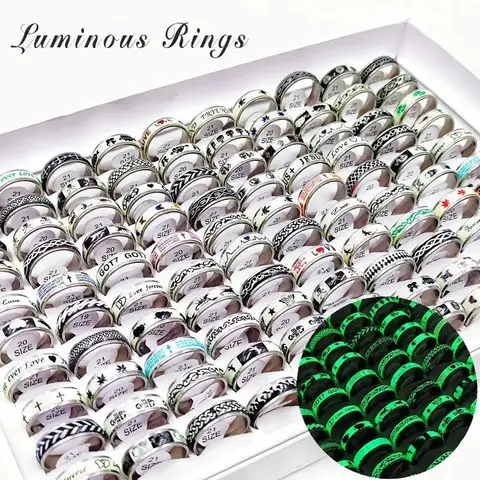 50Pcs/Set Stainless Steel Luminous Rings For Women Men Mix Style ECG LOVE Animal Glow In The Dark Jewelry