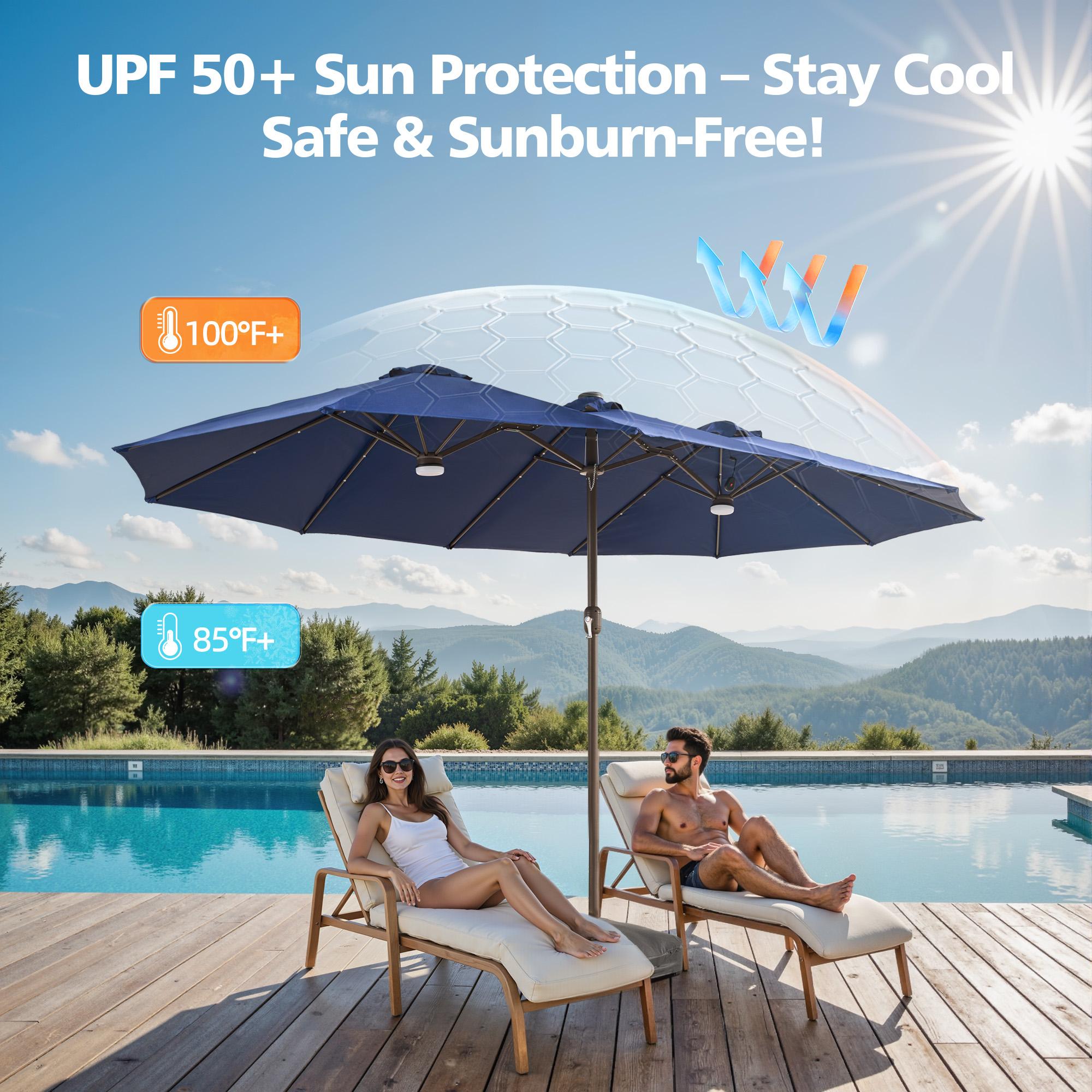 CAODOC 15FT Large Outdoor Patio Umbrella With Base, Rectangular Market Table Sun Parasol Umbrella, Crank, Steel Ribs and Pole for Garden, Backyard,Sand, Pool,Summervibes