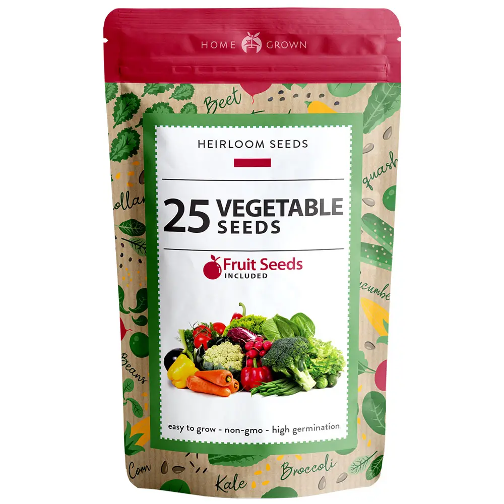 Home Grown Heirloom Vegetable Seeds - 25 Non-GMO Varieties - 12k+ Gardening Seeds for All Seasons - Waterproof Mylar Pouch for Long-Term Storage - Hig