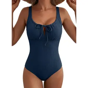 Womens Textured One Piece Swimsuit Tummy Control Bathing Suit Tie Knot Cutout Swimwear
