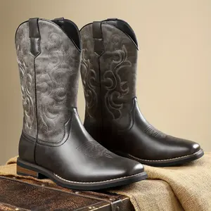 [Comfortable Cowboy Boots] Comfortable Large Size Men's Retro High Top Cowboy Boots | Non Slip, Durable, Casual Riding Shoes with Side Zippers, Suitable for Men's Outdoor Activities Footwear Closed