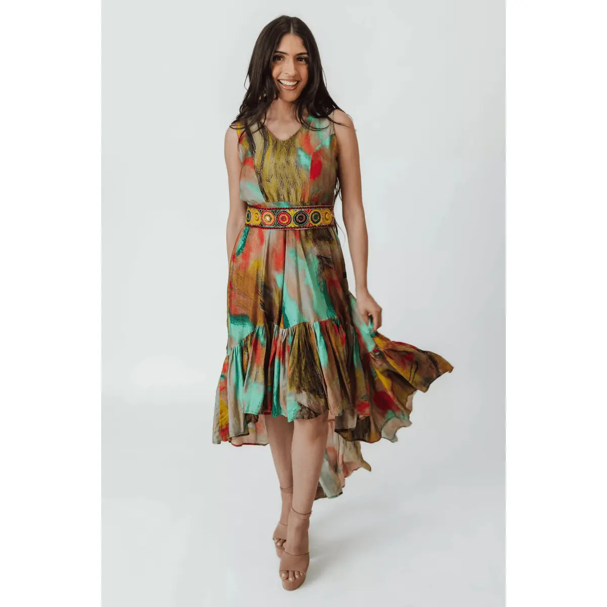 Tezza Multicolor High Low Dress with Belt