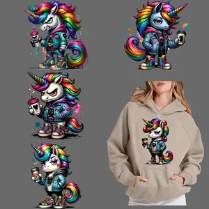 Graffiti Unicorn Pattern Anime Design DTF Iron-on Transfers, 6 Counts/set Washable Heat Transfer Decals, Ready Press Plastisol Patches for DIY T-shirts, Jeans, Backpacks