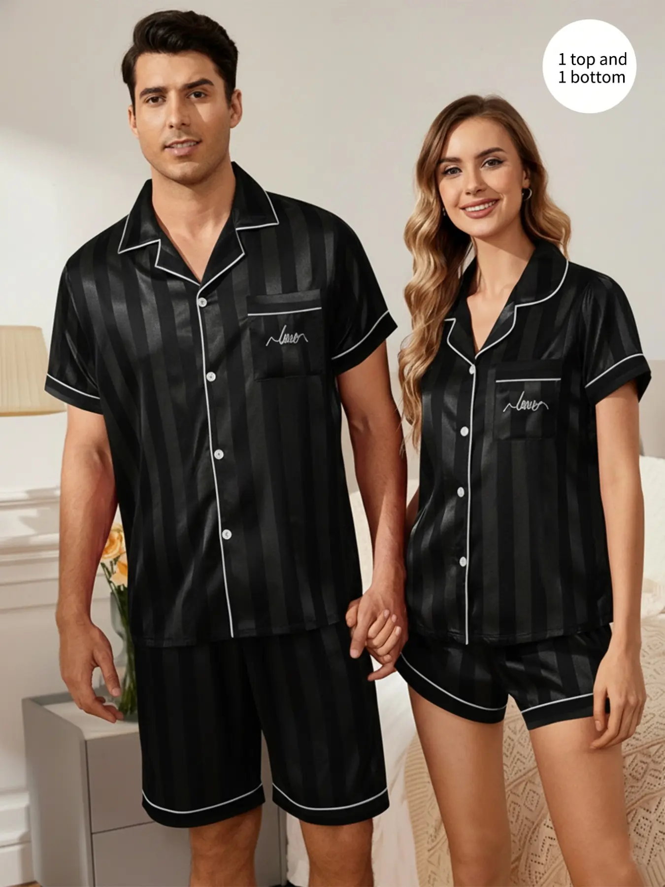Summer Matching Couple Short Sleeve Pajama Sleepwear Two-Piece Set Thin Ice Silk Casual Men's & Women's Home Clothing New Arrival
