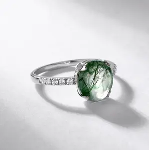 18K 925 Sterling Silver Natural Moss Agate Zircon Ring (Size 6, 7, 8)