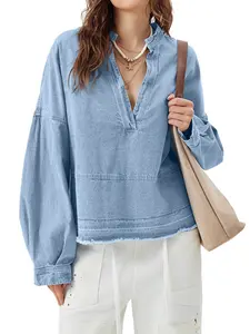 Aswulk Womens Denim Tops Pullover Trendy Casual V Neck Loose Fit Puff Sleeve Raw Hem Side Slit Jean Cotton Shirts