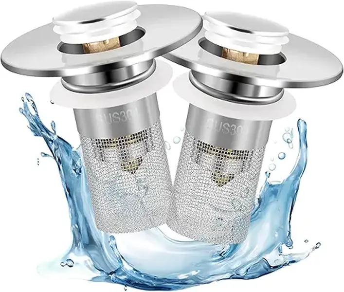 2 Pack Bathroom Sink Drain Strainer, 2 in 1 Pop Up Bathroom Sink Stopper with Hair Catcher Basket for 1~1.5 Inch Drain Holes, Wash Basin Stopper Sink Drain Filter Anti-Clogging Cleaning Shower 3-in-1 kitchen sink drain strainer Universal Dual Function kit