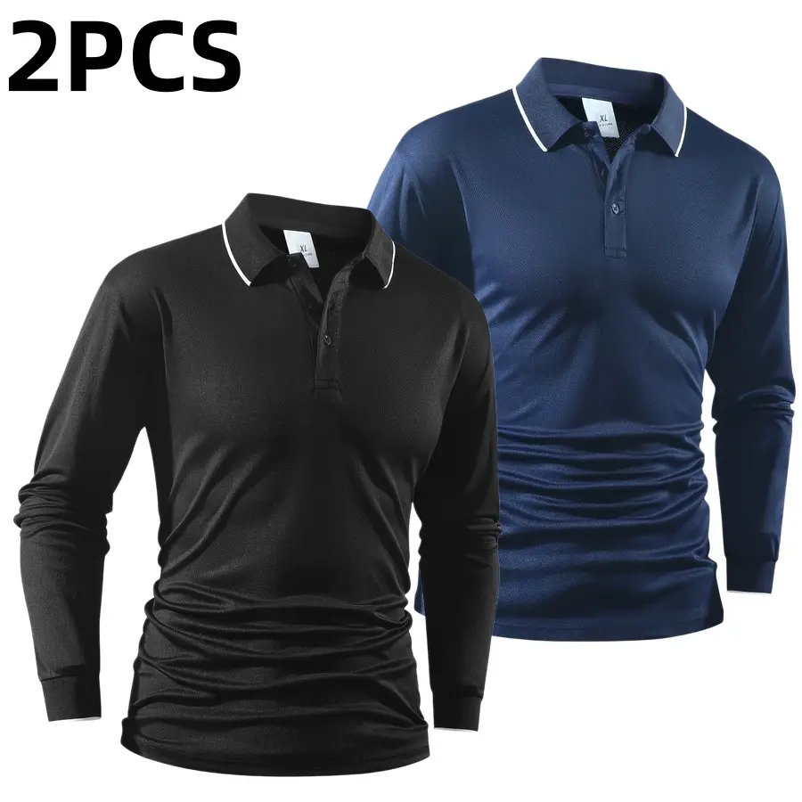 Two tone contrast polo shirt for men with a turn down collar and long sleeves, featuring a classic turn down collar paired with white piping for refined details. Buttoned placket adds a clean, structured look, and the long sleeve fit is suitable for multi