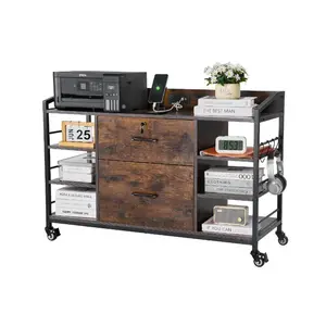 VEVOR 2 Drawers Metal File Cabinet, Lateral Filing Cabinet with Lock and 6 Open Shelves, Wooden Wide Filing Storage Cabinets with Power Strip for Letter, A4, Legal Size File, Easy Assembly, Brown