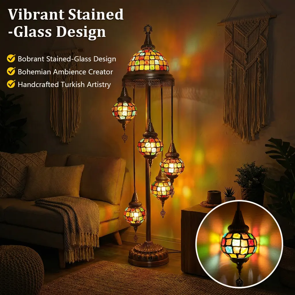 5-Light Multi-Colored Turkish Mosaic Floor Lamp, Handmade Tiffany Style Stained Glass Standing Lamp, Vintage Boho Tall Reading Light for Living Room Bedroom Home Decor