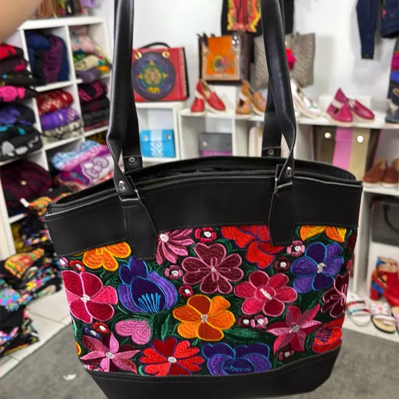 Bolsa bordado multicolor vini piel  Mexican Embroidered Bag - Bolsa Bordada Chiapas 100% Handbag with Vibrant Floral Embroidery