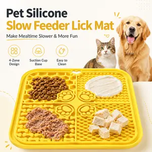 Pet Silicone Slow Feeder Lick Mat for Dogs & Cats, 4-Zone Feeding Pad with Suction Cups, Easy to Clean, 20 × 20 cm