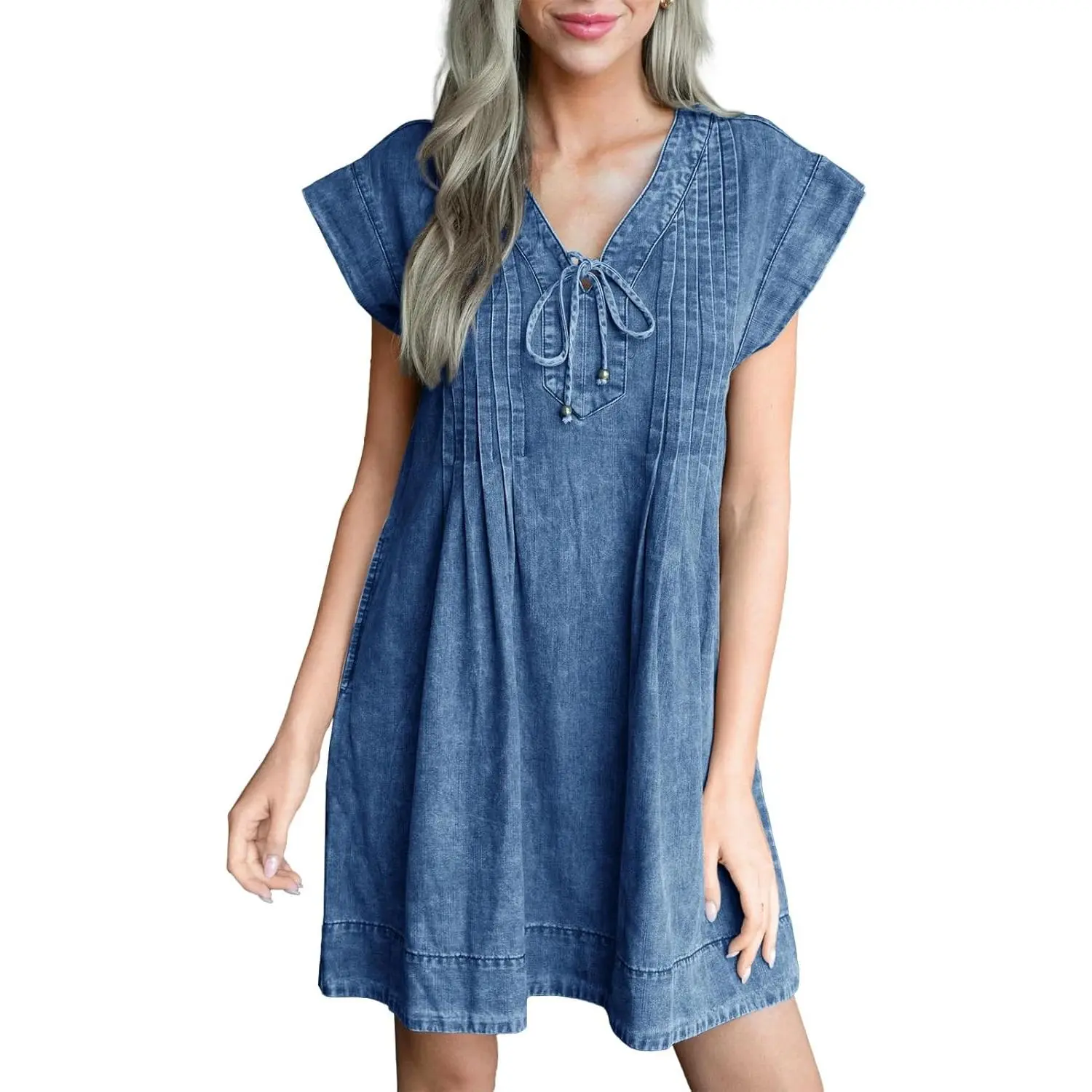 Imily Bela 2026 New In Womens Denim Mini Dress Casual Summer Cap Sleeve Tie V Neck Loose Babydoll Jean Dresses