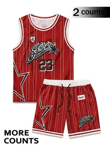 Two-Piece Set Men's Letter Print Basketball Jersey & Shorts Set, Regular Fit Casual Basketball Sleeveless V Neck Sports Top & Athletic Shorts, Summer Clothes Set for Men