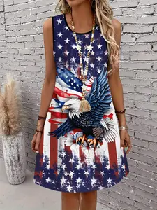 Women's sleeveless A-line dress featuring a U.S. flag print, perfect for celebrating Independence Day