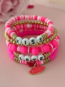 Women's Beaded Bracelet Set, Stackable Bracelets, Soft Pottery Material, Heart Pattern Design, Ideal for Daily Wear & Party Gifts, Fashionable Jewelry Collection