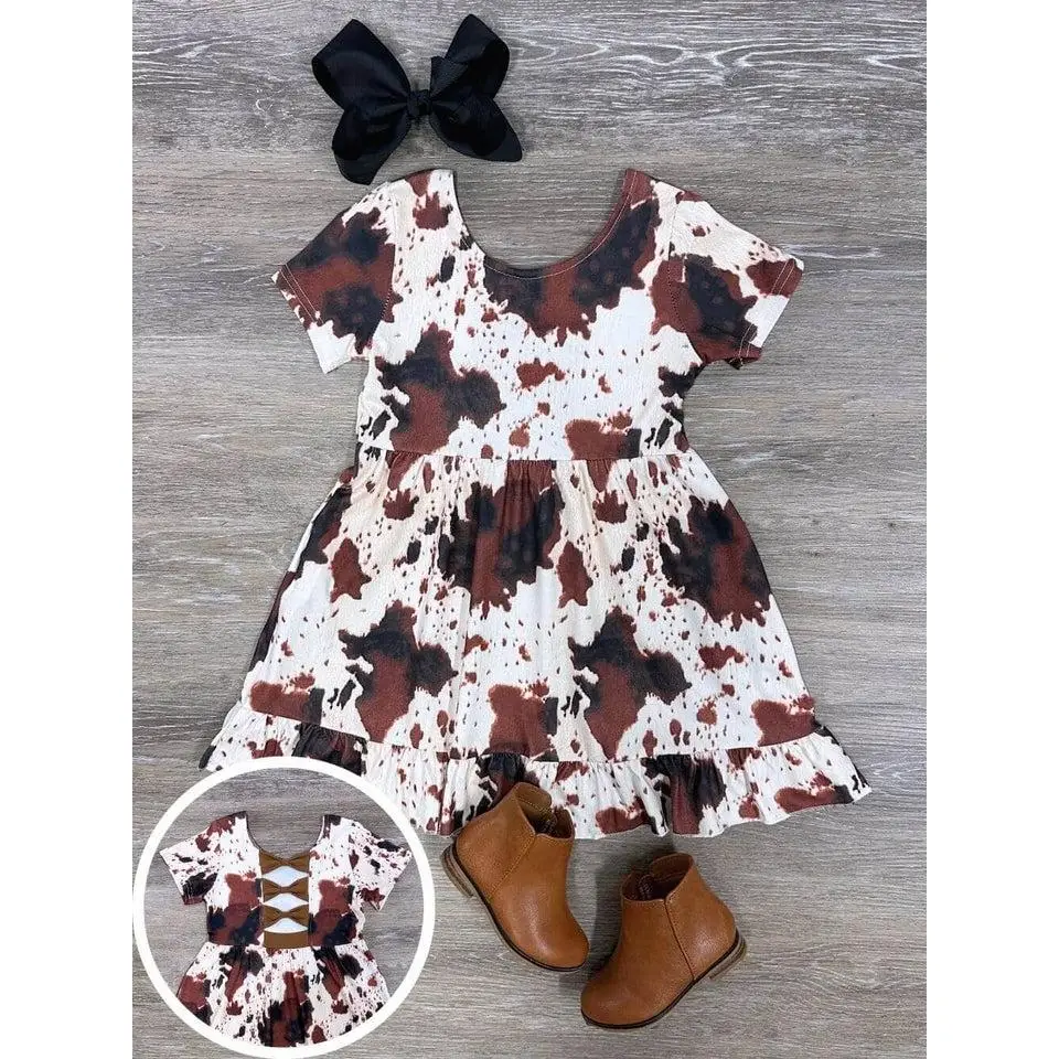 Brown Cow Brown Cow Girls or Toddler Size Brown and White Cow Pattern Short Sleeve Dress
