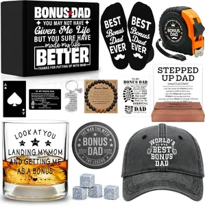 16 PCS Step Dad Gifts with 11 Oz Whiskey Glass Cap Coaster Bracelet Acrylic Plaque Socks, Bonus Dad Gifts for Christmas Birthday Father's Day Anniversary from Daughter Son