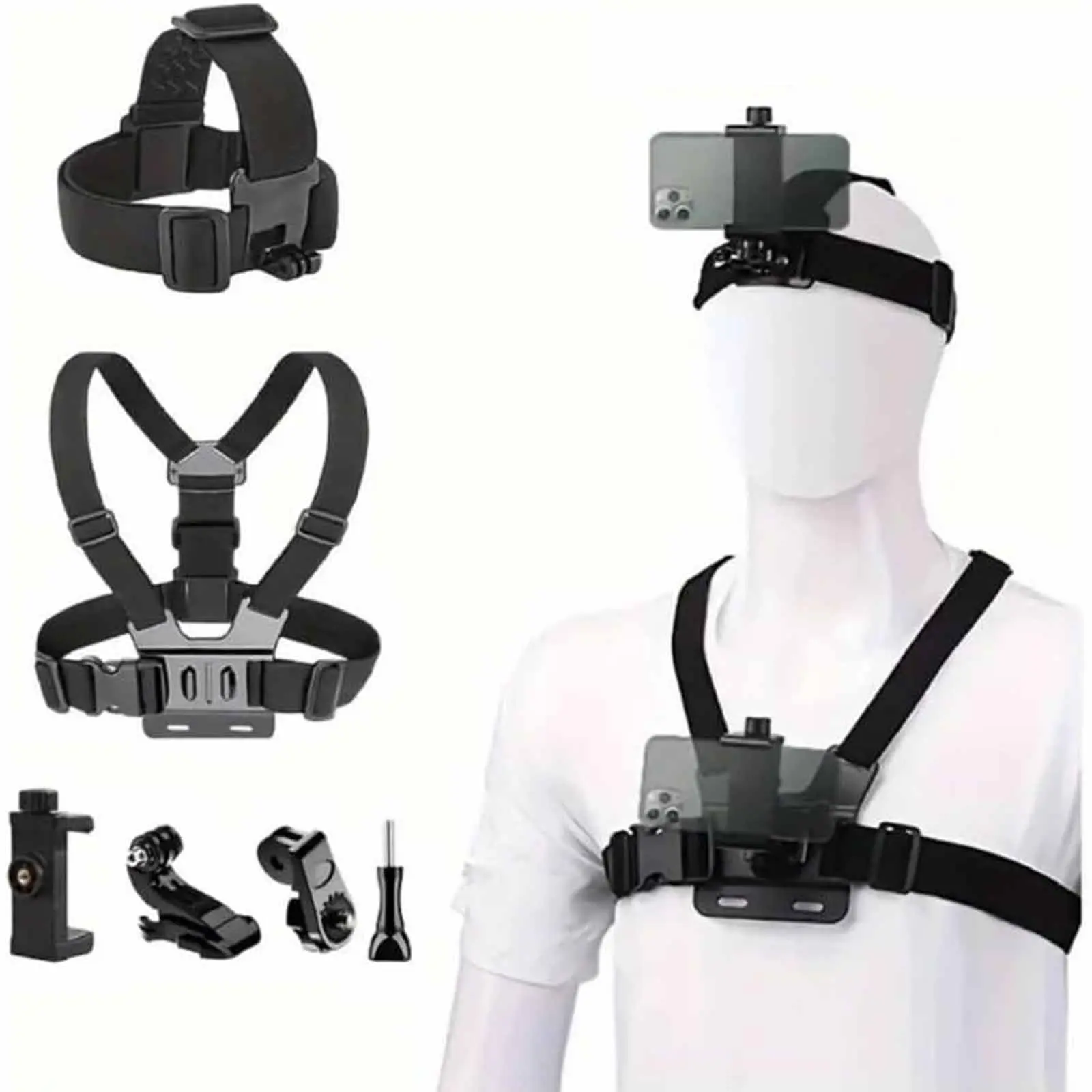 Unisex 6Pcs 22cm Mobile Phone Chest Mount Harness Strap Holder, Cellphone Clip Accessories for Smartphone Action Camera POV, Compatible with Samsung, iPhone Plus, Adjustable Size, Biking Skiing, Fits Large Jackets