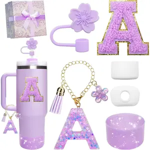 Purple Accessories for Stanley Cup 30OZ 40OZ, All Accessories Gift Box Contain Flower Straw Topper, Sillicone Boot, Letter Stickers and Pendants,Spill Stopper Set (Purple A)