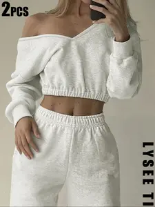 2-piece set of women's solid color knit asymmetrical collar shoulder down short top and wide leg casual pants, for spring and autumn