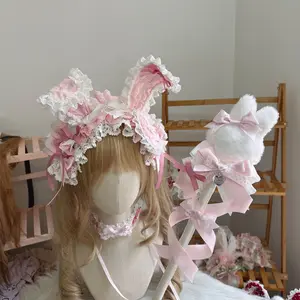 Handmade, elaborate and exquisite Lolita sweet and cute bow bunny white-pink bunny ear headband and hair clip full set of accessories