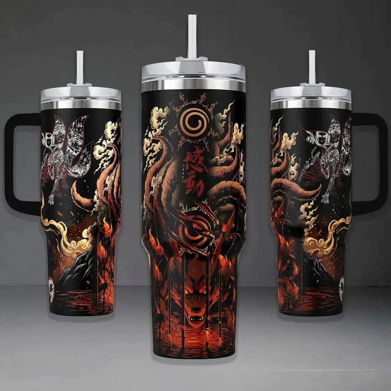Kurama Nine-Tails Fox Tumbler, Naruto Shippuden Sage Mode 40oz Cup with Handle, Kyuubi Seal 20oz Stainless Steel Travel Mug, Anime Ninja Gift, Kurama Inspired Insulated Tumbler
