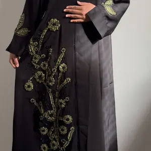 Hana Open Black Abaya with Intricate Green Floral Embroidery and Delicate Sequins for Special Occasions