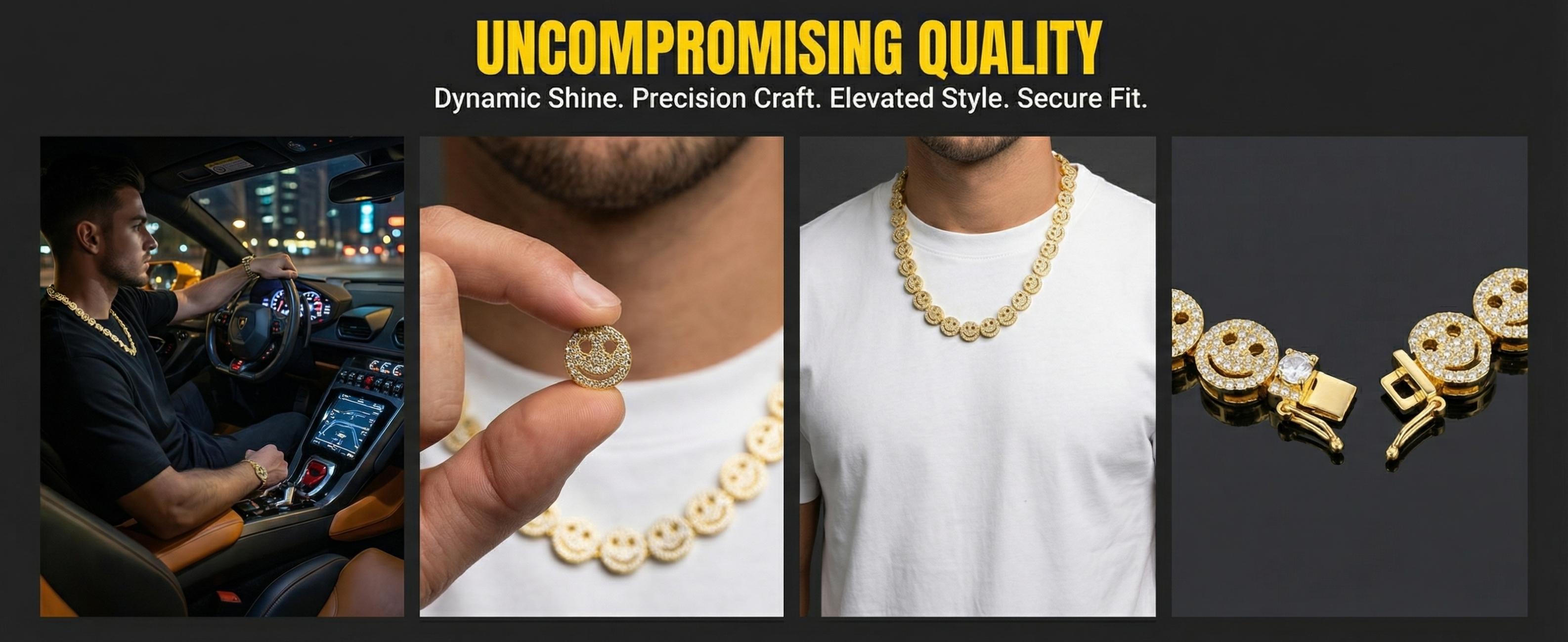Hip-Hop Alloy Smiley Face Necklace & Full-Rhinestone Cuban Link Bracelet — Interlocking Ring Design, Edgy Punk Style (Unisex)