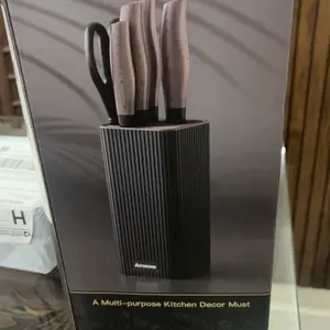 【Summervibes】Astercook 6 Piece Kitchen Knife Set, Non-stick Stainless Steel Knife Block Set, Anti-Rust Dishwasher Safe Knife Set with Block,with Anti-stick Ergonomic Wooden Handle Blade
