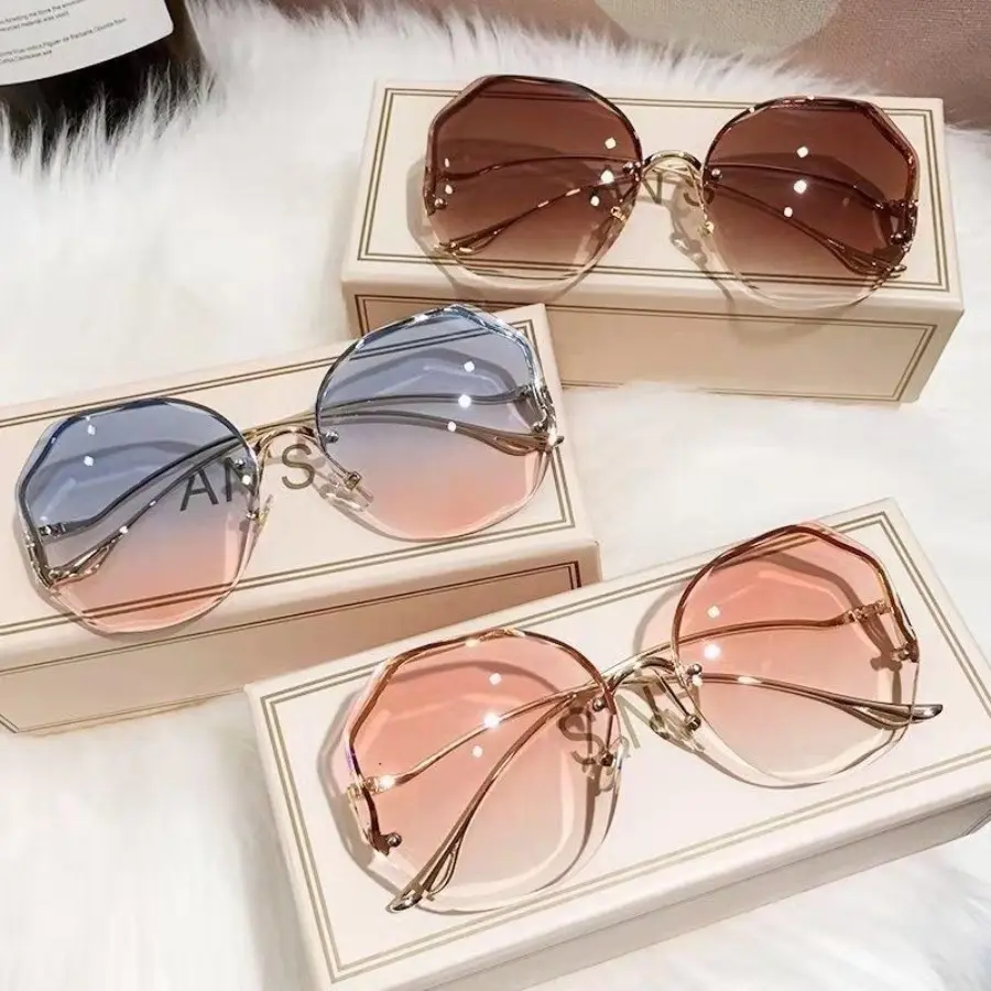 3-Pack Oversized Sunglasswomen, Vintage Chic Semi-Rimless Metal Sunglasses with UV400 Protection, Female