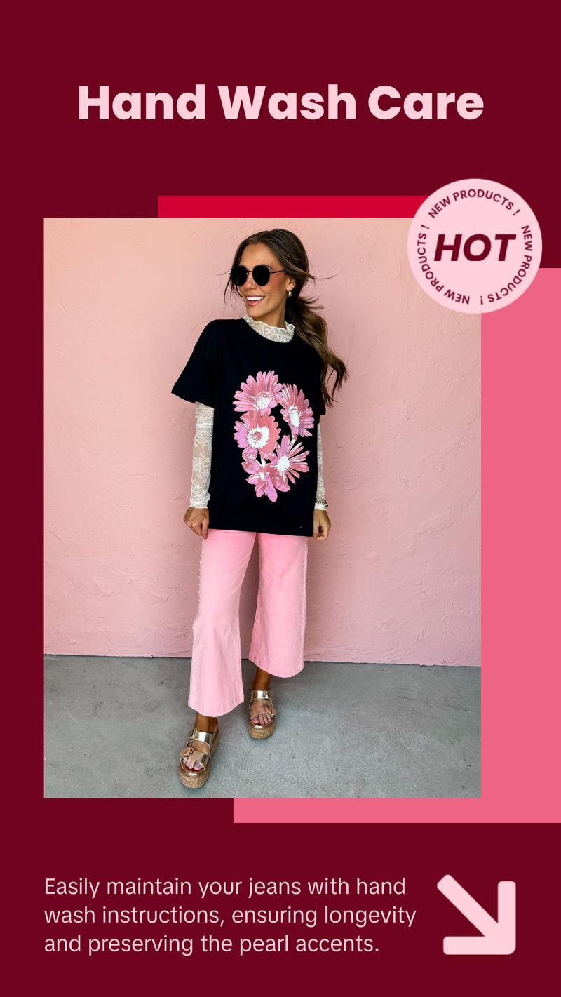 Visiting Italy Pearl Embellished Wide Leg Jeans-Pink