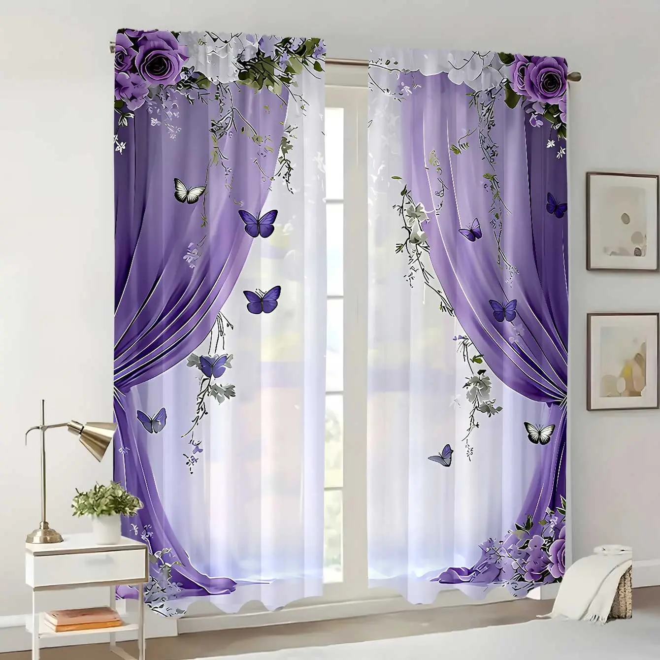 2-piece set of semi transparent sheer printed Window Curtains, Home Decoration Curtain, with purple floral butterfly print, made of 100% polyester, suitable for home decor, hand washable, hook free
