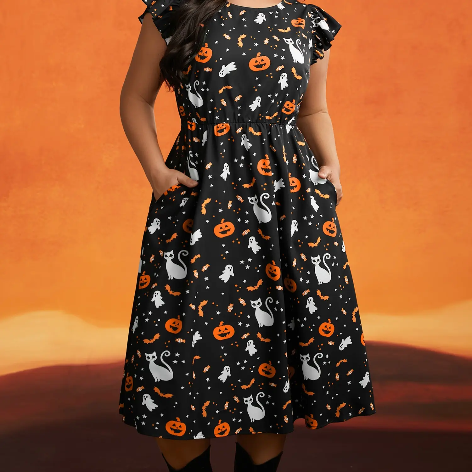 BloomChic Pumpkin Printed Ruffle Sleeves Midi Dress 【M-6XL】 BloomChic Pumpkin Printed Ruffle Sleeves Midi Dress 【M-6XL】
