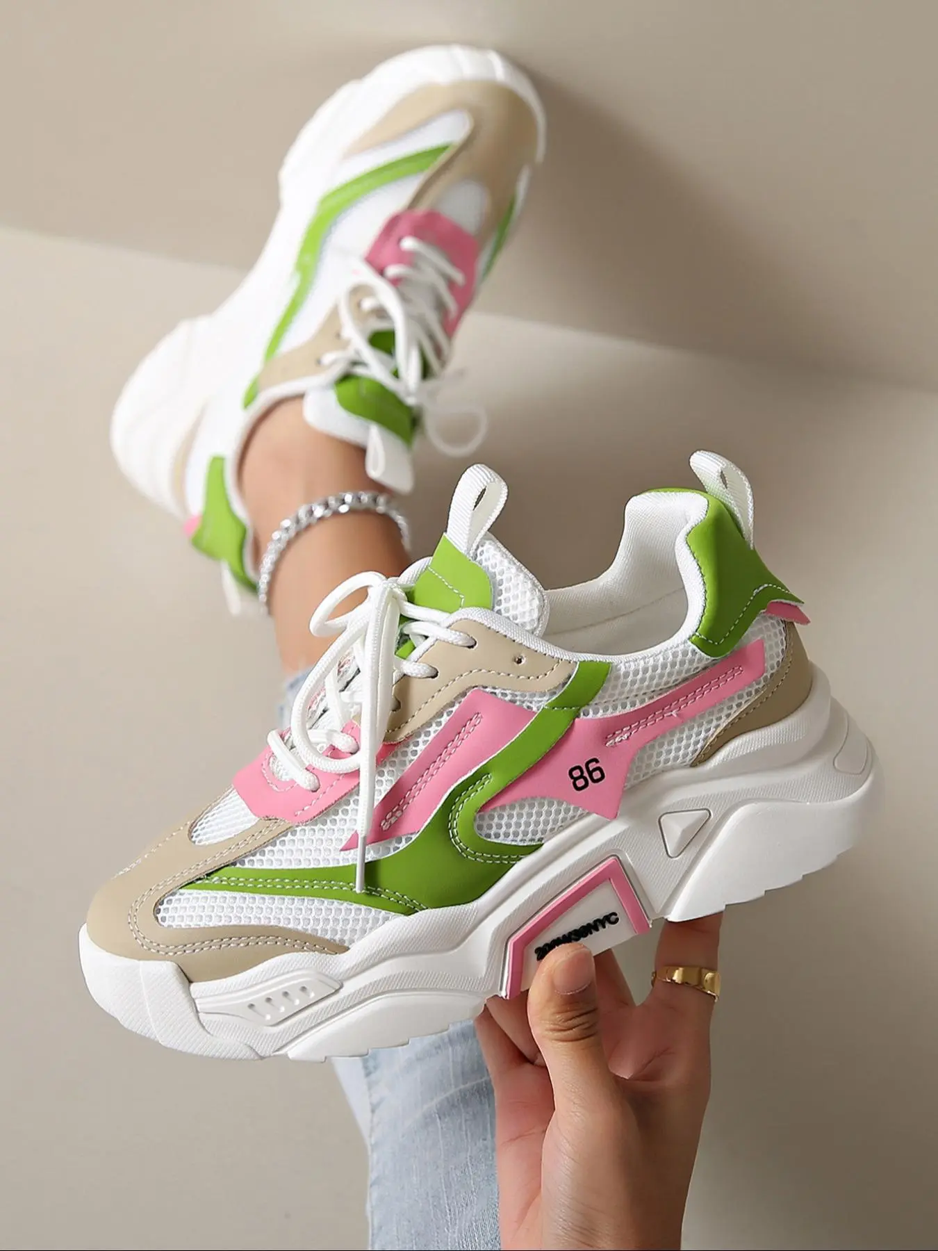 Women's Lace Up Platform, Casual Comfortable Sports Shoes for Daily Wear, Female All-match Round Toe Chunky Sneakers, Colorblock Sneakers, Thick Soled Sneakers