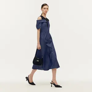 Denim Lyocell Cold Shoulder Patchwork Women Midi Dress