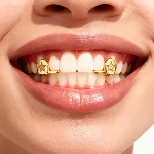 4 pcs Five-Pointed Star Vertical Row Braces |   18K Golden Plated Copper, Daily Street Style, Simple Double Teeth Brace Accessories for Women and Men