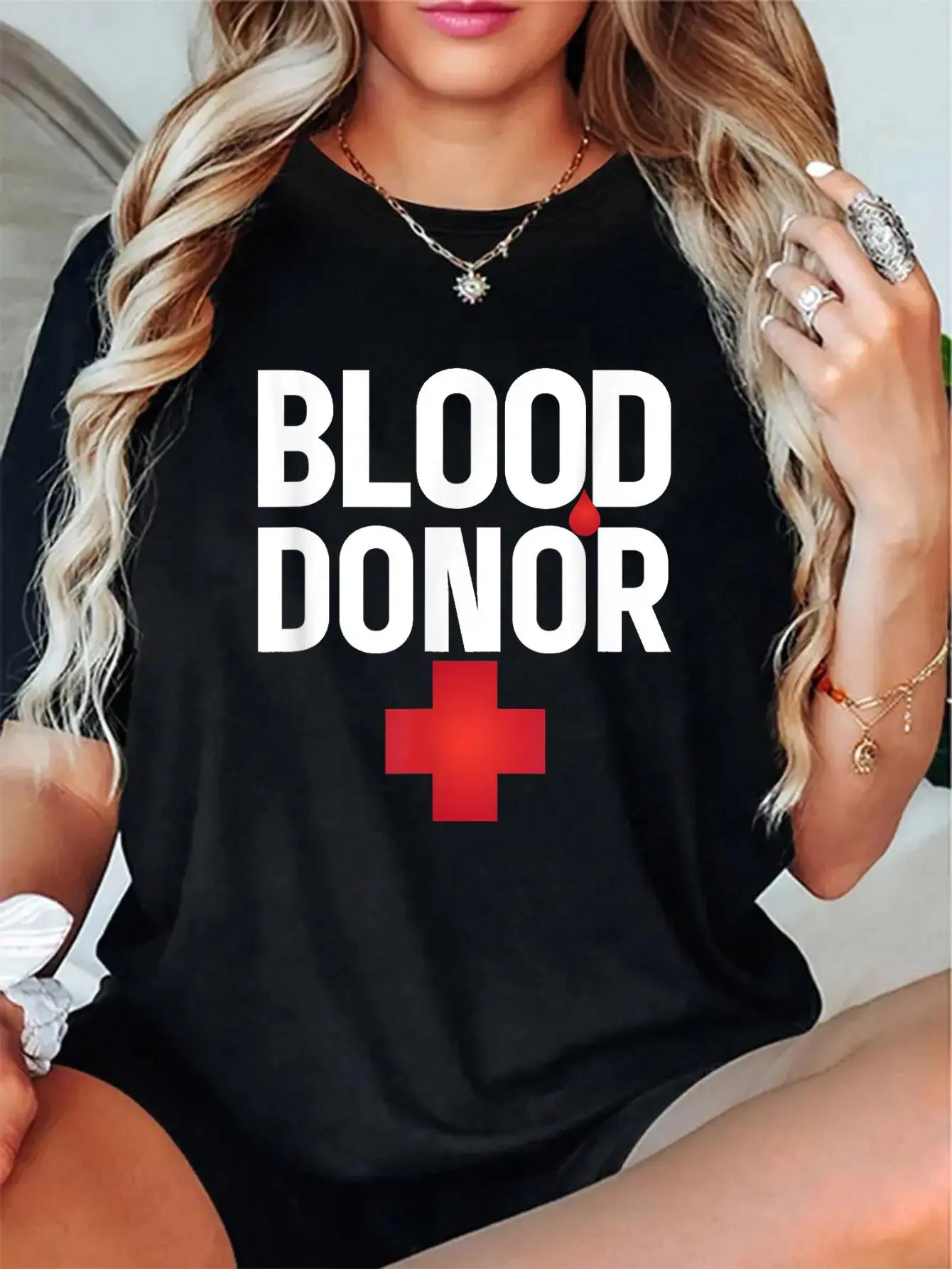 Women's Casual T-Shirt, Soft 100% Cotton Blood Donor Love Graphic, Round Neck Shortsleeve Style, Tee, Classic Crew, Vibe, Crew Neck, Digital Print, Breathable Fabric, Graphic Print, All Seasons, Top, Tshirt, Cute, Everyday, Fit, Relaxed, Short Sleeve, Top