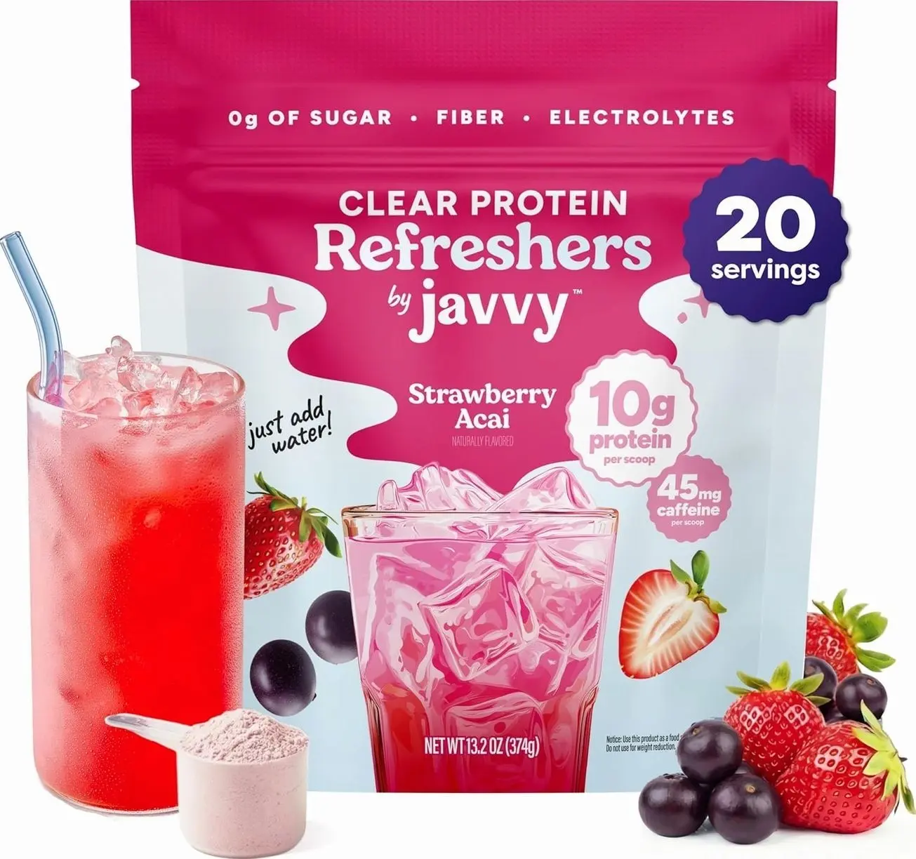 Javvy Clear Protein Refresher Drink Mix – 10g of Whey Protein and Collagen Peptides, Electrolytes Powder, Natural Flavors, 0g of Sugar, 45mg Caffeine, 20 Servings, Strawberry Berry Acai
