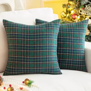 AQOTHES Pack of 2 Christmas Plaid Decorative Throw Pillow Covers Scottish Tartan Cushion Case for Farmhouse Home Holiday Decor Green and Blue, 18 X 18 Inches AQOTHES
