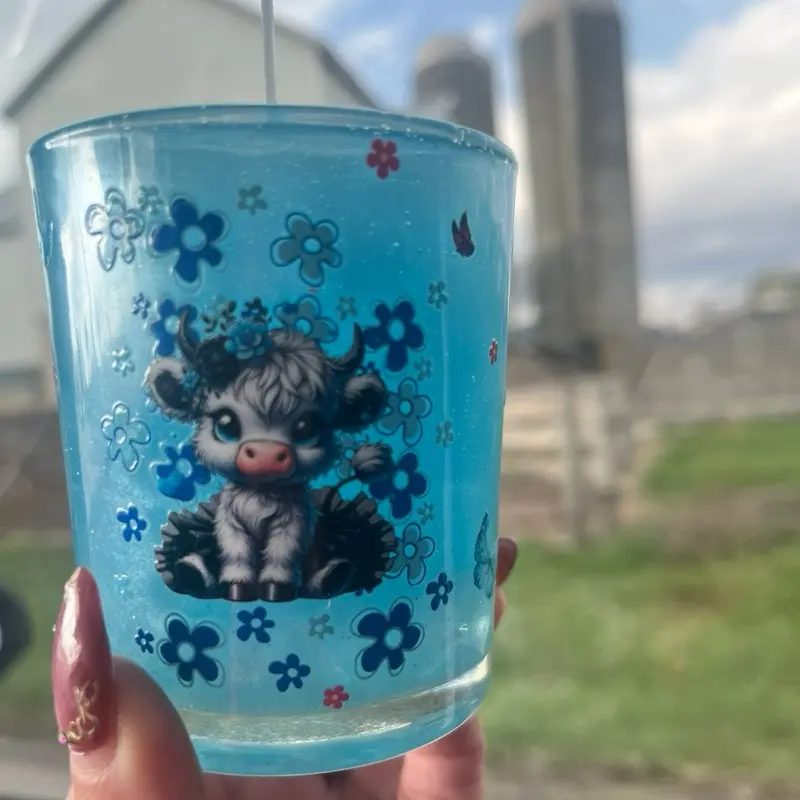 Gel Wax Candle with Adorable Cow Decals in Blue Floral Design for Home Decor