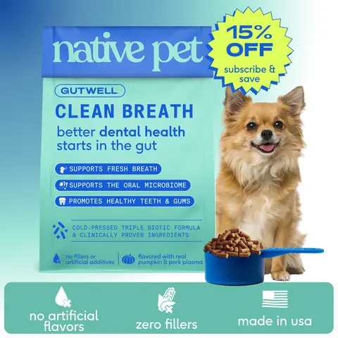 Native Pet GutWell Clean Breath - Dog Breath Freshener & Dog Dental Powder - Teeth Cleaning to Reduce Plaque & Tartar - Promotes Fresh Breath with Targeted Triple-biotic Dental Care Blend