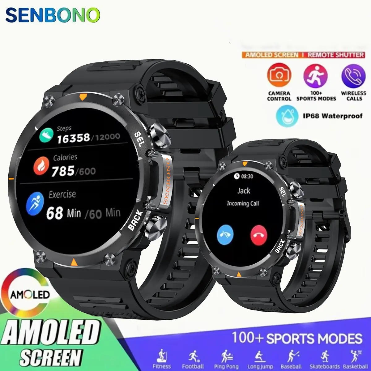 SENBONO Smartwatch 1.43-inch AMOLED 400mAh AI watch face, Voice assistant, Women's menstrual cycle management, Message push, Sedentary reminder, Men's fitness tracking Smart watch