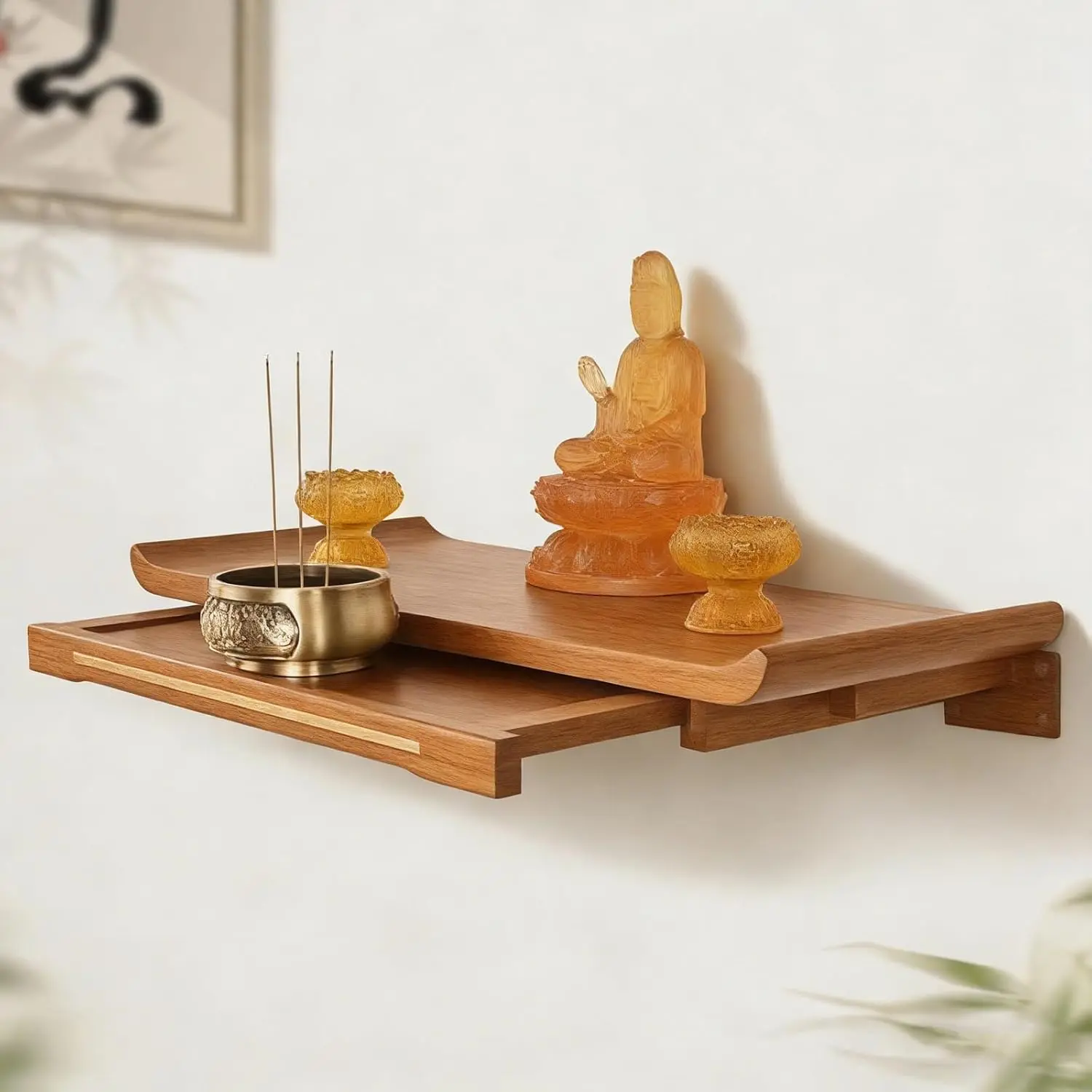 Wall-mounted camphor wood Buddha altar shelf shrine with telescopic pull plate, personal Buddha niche shrine for household use, small brown Buddha altar stand (large size)