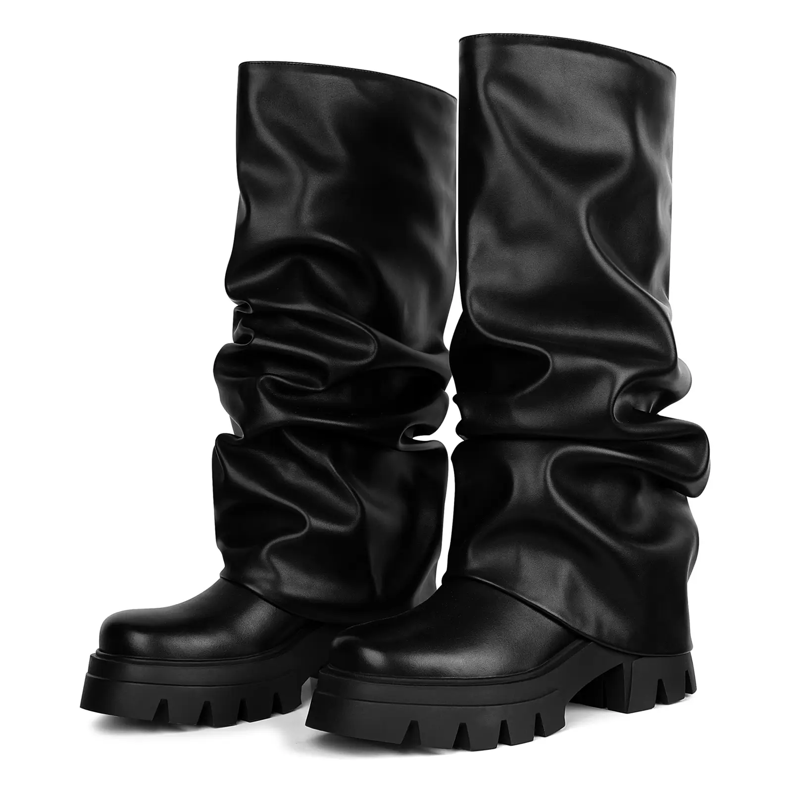 CELNEPHO Slouchy Boots for Women Wide Calf Fold Over Boot Pleated Platform Boots Metallic Silver Boots Chunky Stacked Boots Knee High Tall Fall Boots