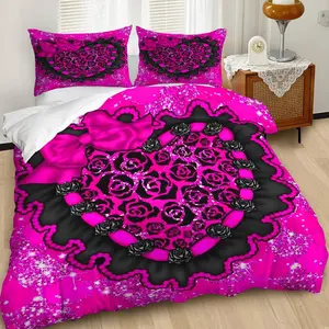 2/3Pcs Gothic Pink Heart Duvet Cover Set, Vibrant Black and Pink Floral Bedding Set, Soft and Cozy with Ruffled Edges, Perfect for Spooky Y2K Aesthetic Bedroom Decor! Includes 1 or 2 Pillowcase - No filling/Zipper Closure
